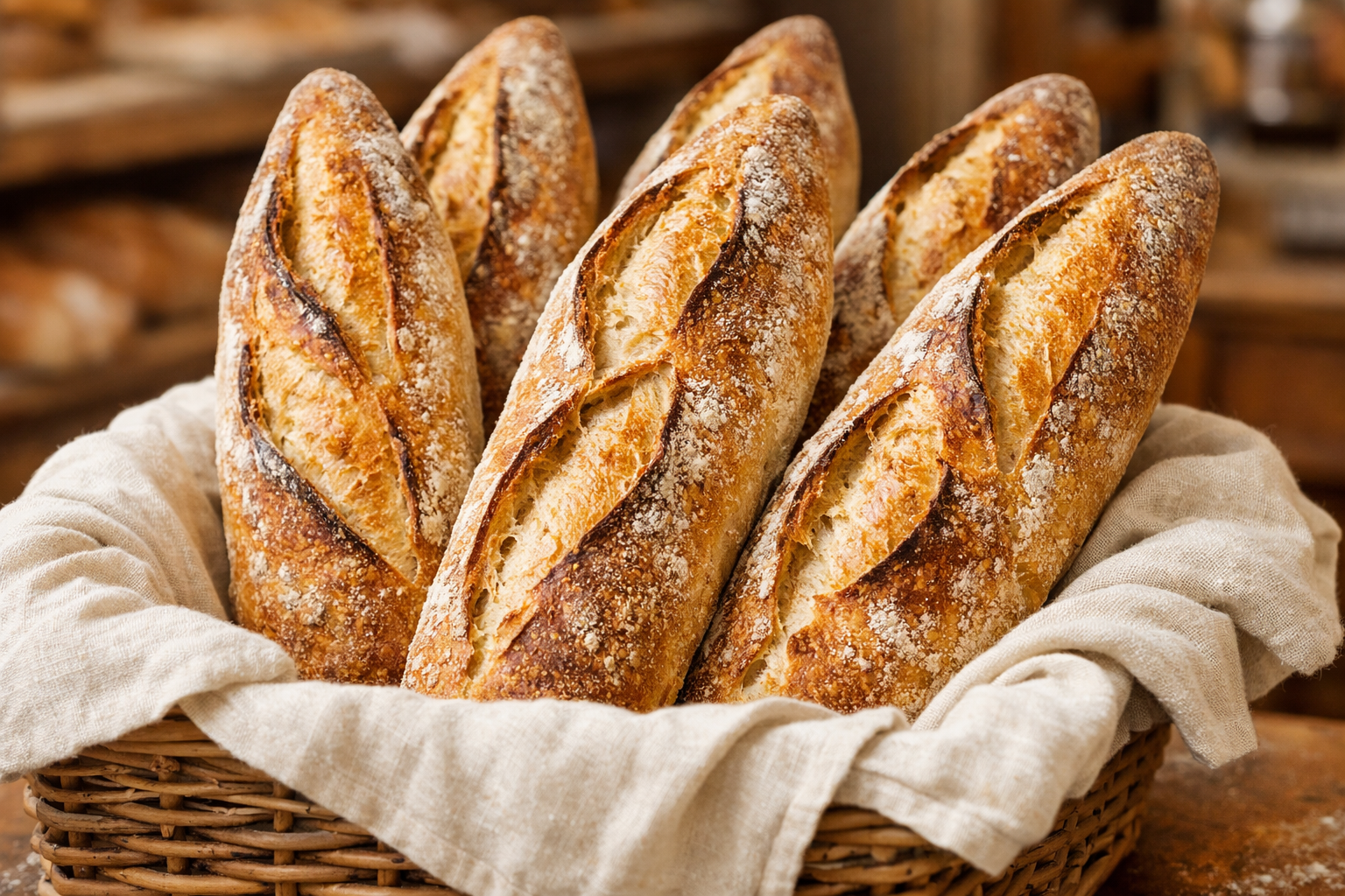 Crisp golden sourdough baguettes