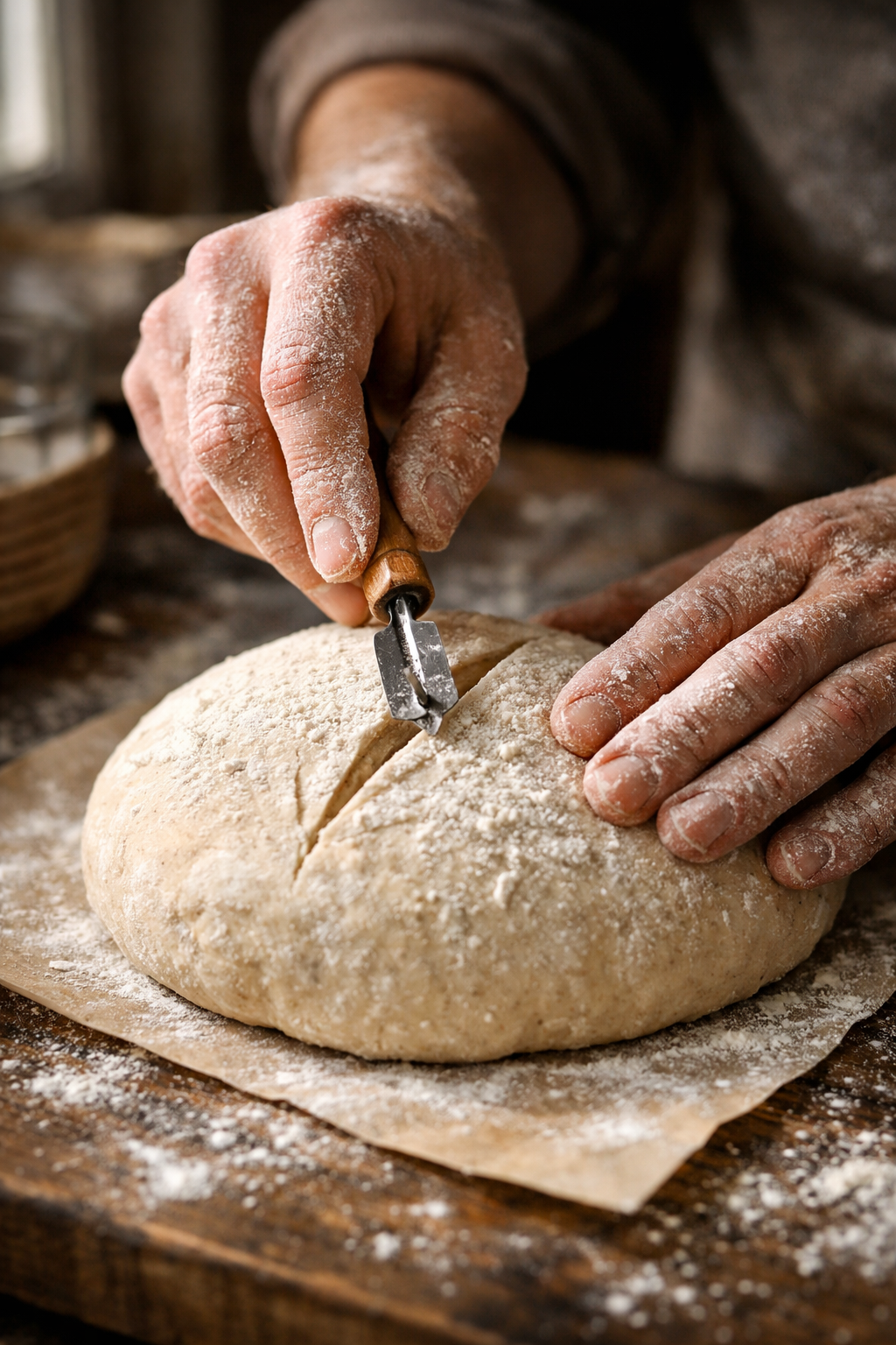 Baker's floured hands scoring a sourdough loaf