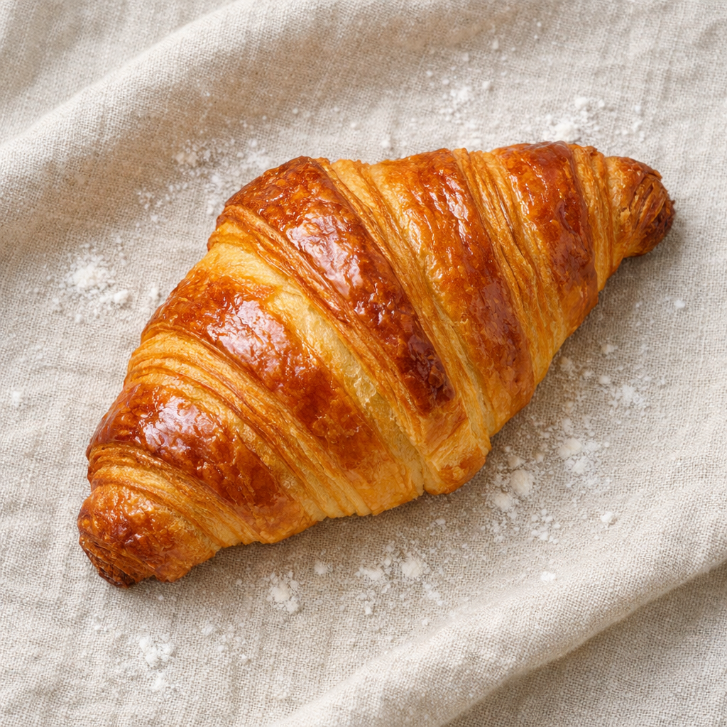 Golden laminated butter croissant with flaky layers