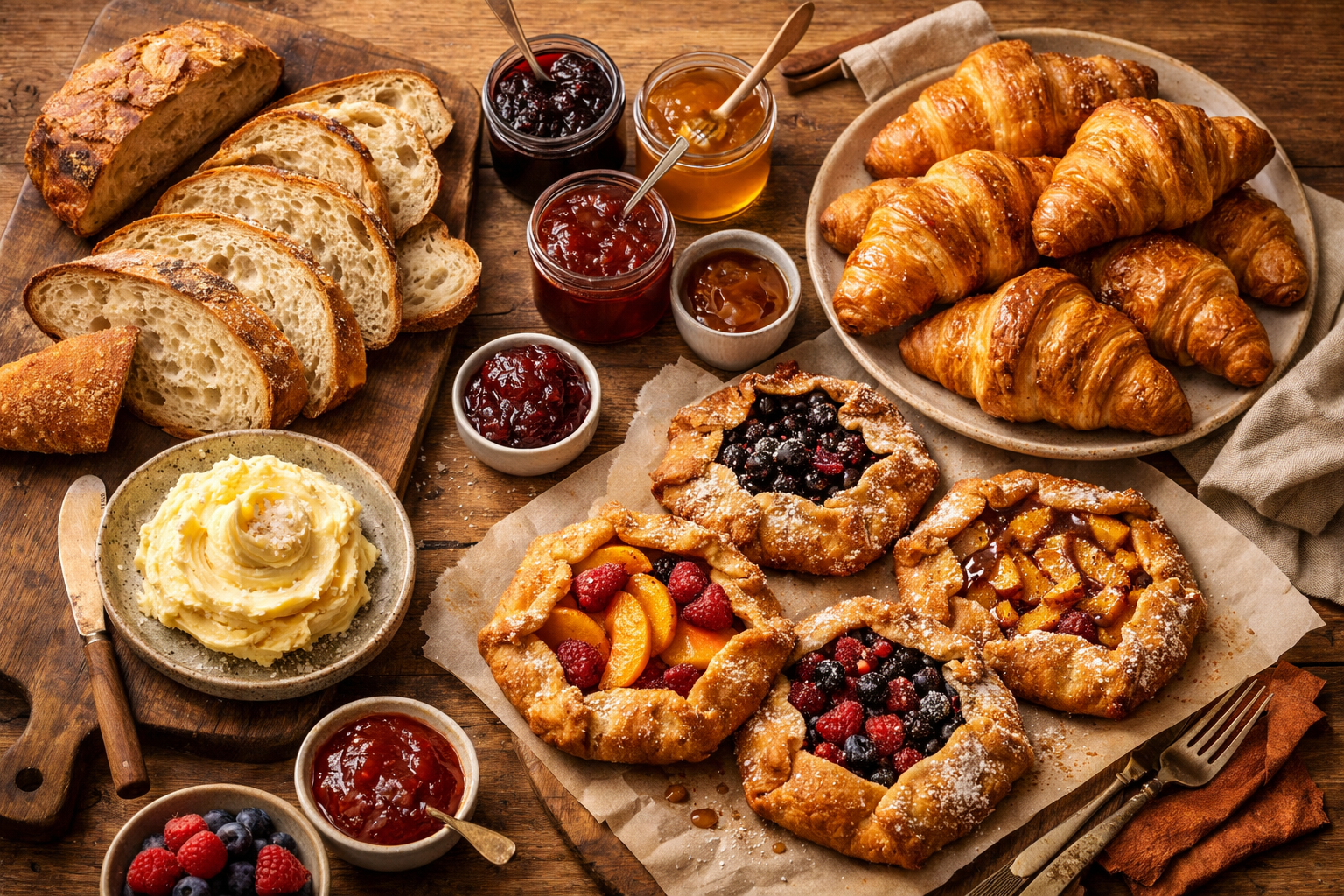 Artisanal bread and pastry catering spread on a wood table