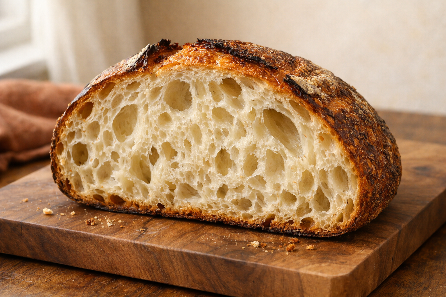 Cross-section of country sourdough with open airy crumb