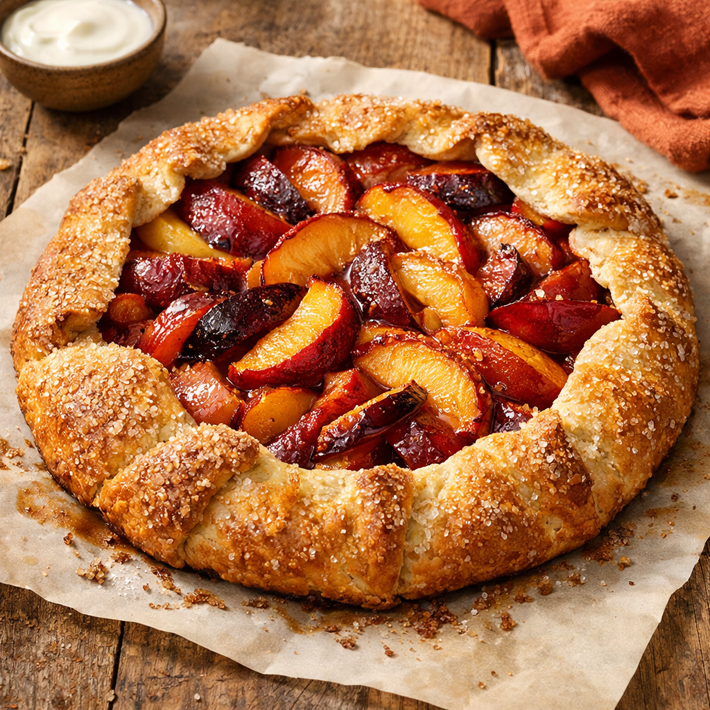 Rustic stone fruit galette dusted with sugar