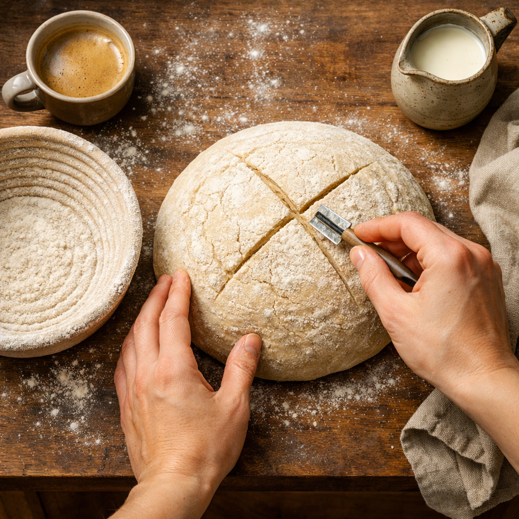Baker scoring a loaf before baking