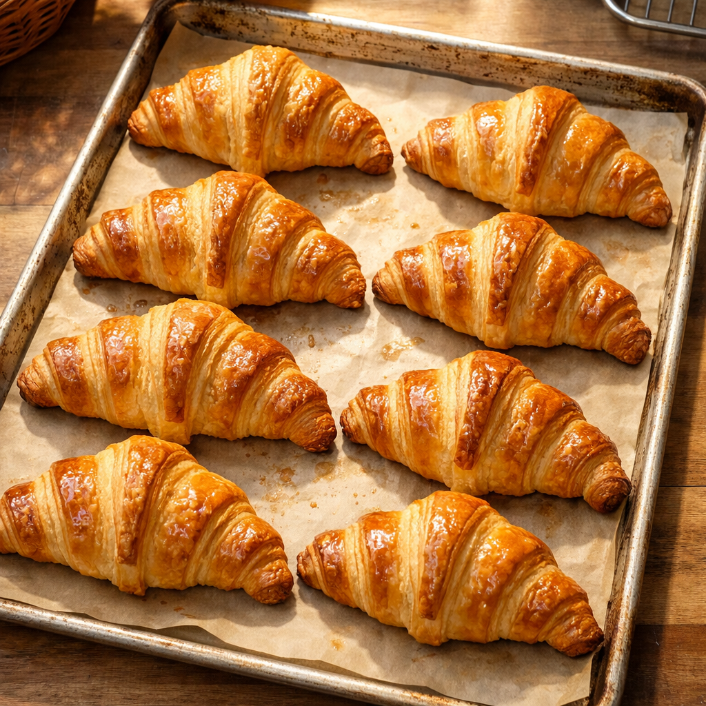 Tray of golden croissants cooling