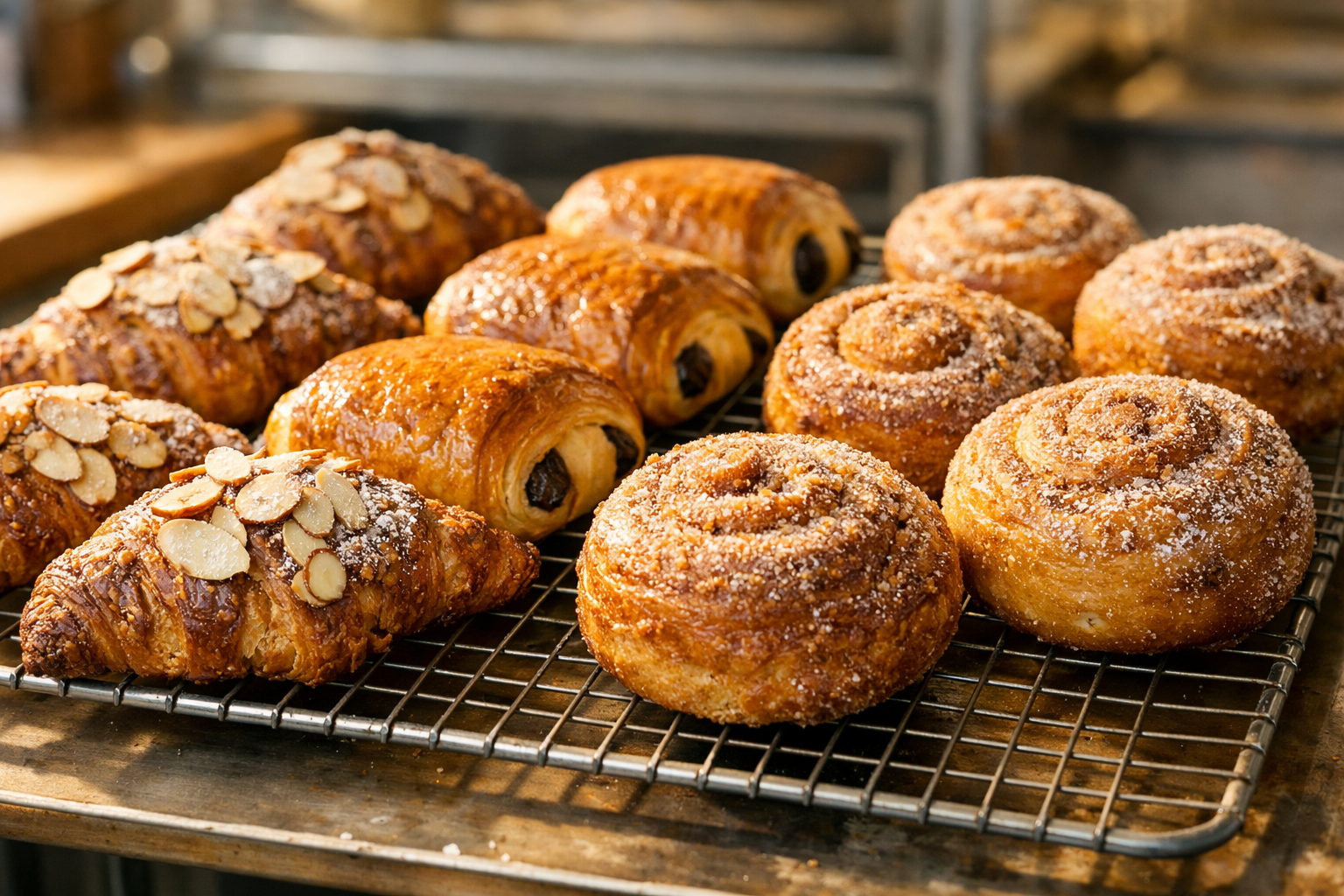 Tray of morning pastries with almond and chocolate