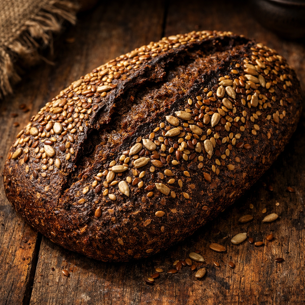 Dark seeded rye loaf topped with sesame and flax